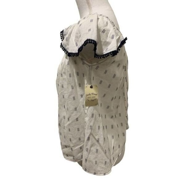 Lucky Brand Womens Top Off The Shoulder Crochet Trim White Navy Size Small NWT - Picture 8 of 12